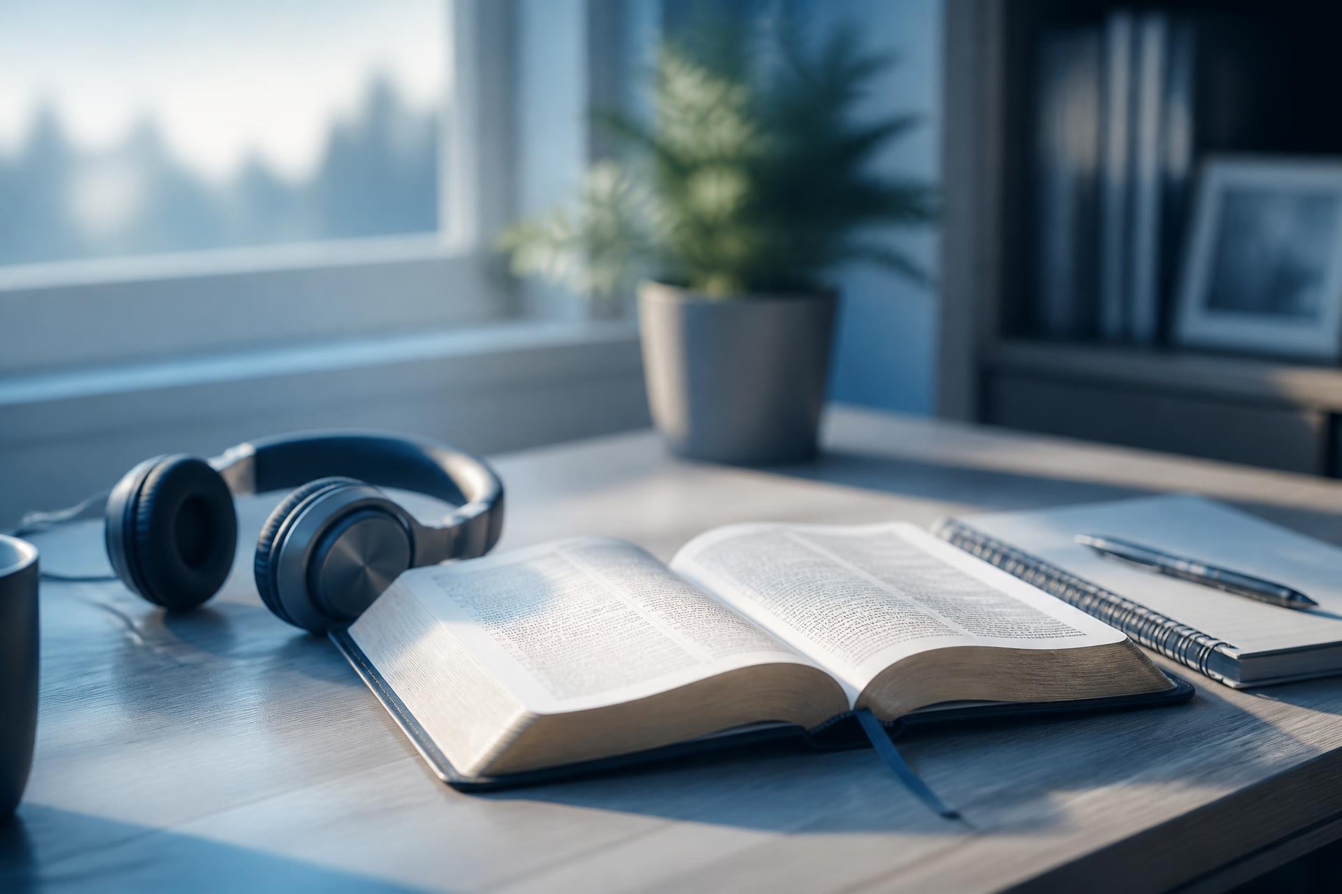 An open Bible beside headphones on a sunlit desk